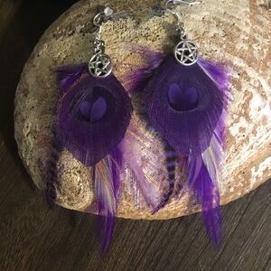 Handcrafted Wiccan Festival Earrings | Purple Dyed Peacock & Rooster Feathers